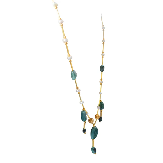 A Playful Fusion of Elegance: Real Freshwater Pearl, Oval Emerald & Gold-Plated Necklace