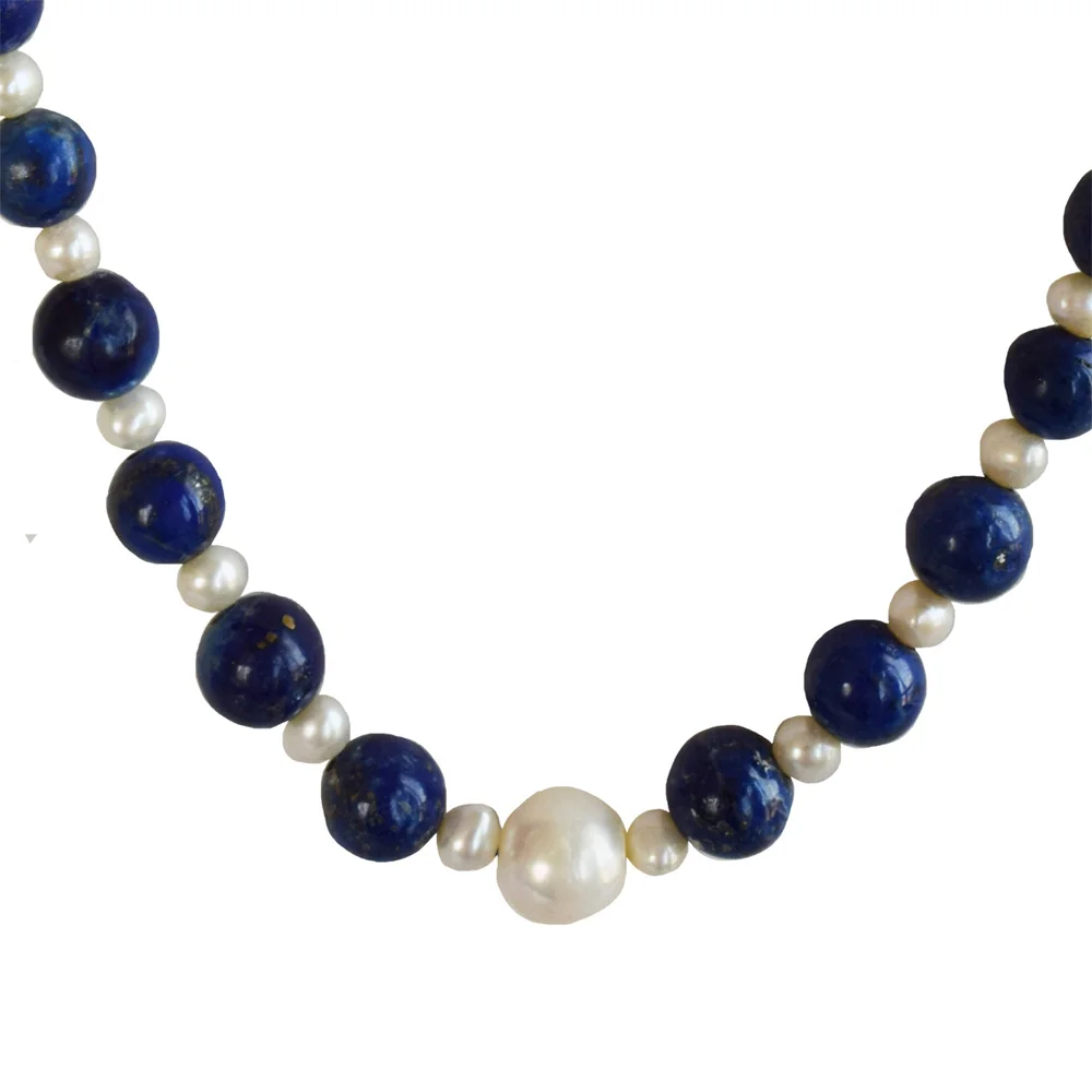 Single Line Real Natural Freshwater Pearl & Blue Lapiz Beads Necklace for Women (SN1115)