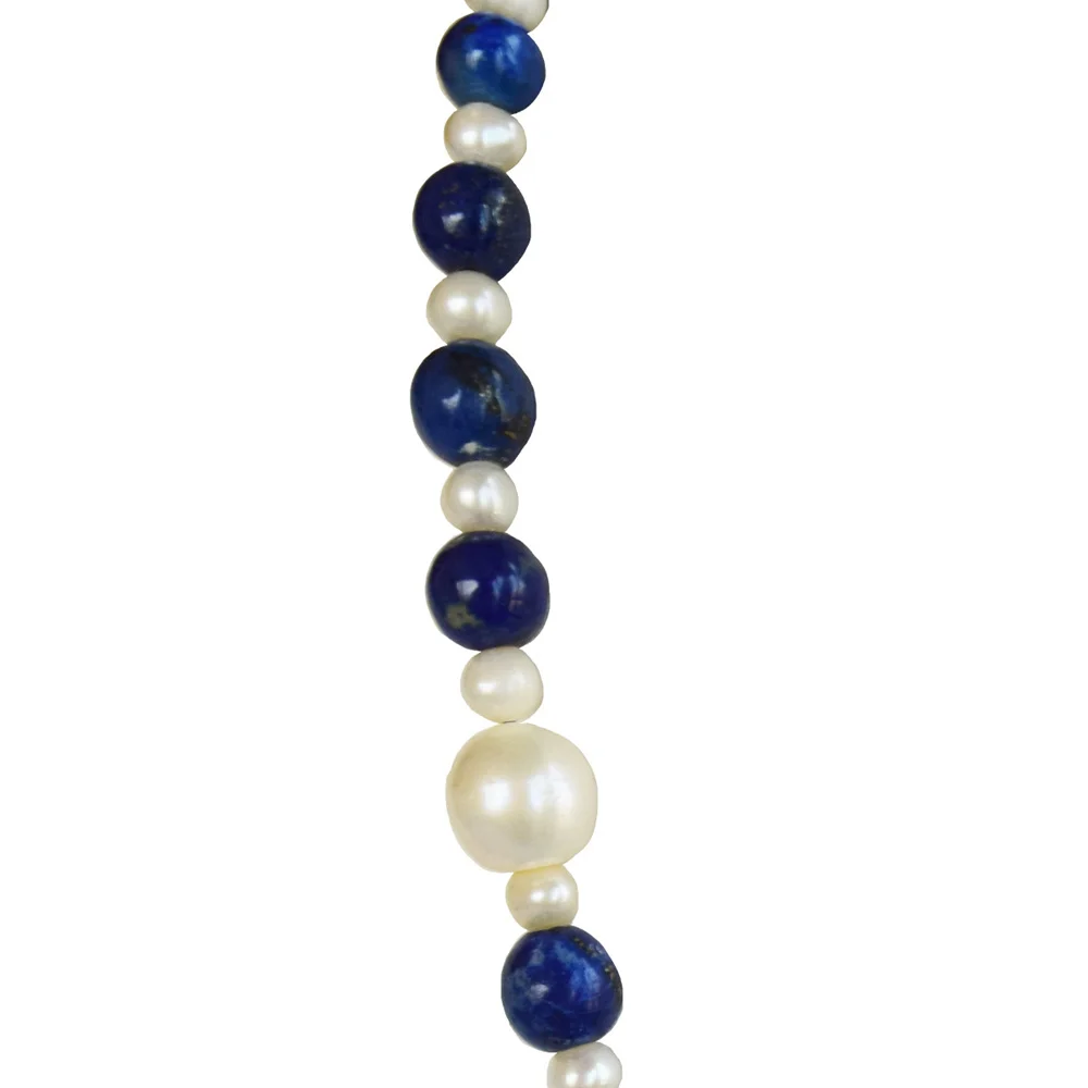 Single Line Real Natural Freshwater Pearl & Blue Lapiz Beads Necklace for Women (SN1115)