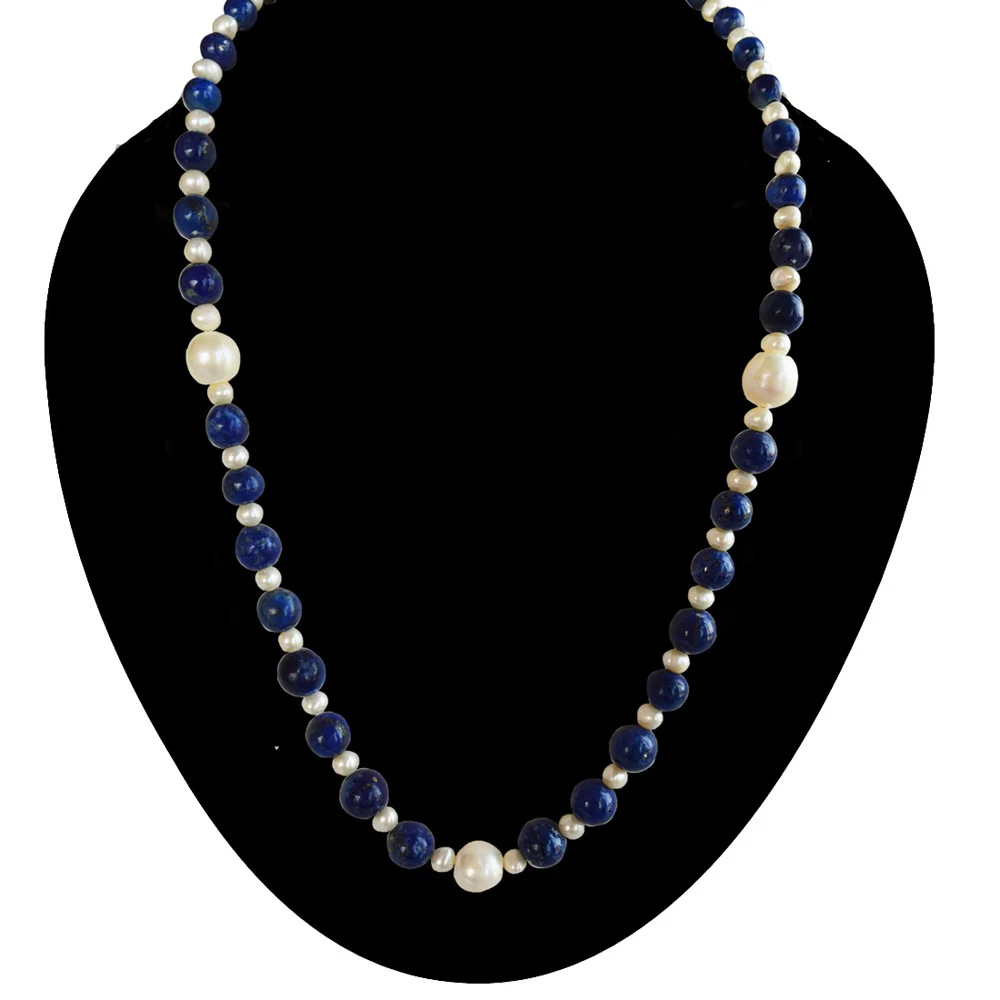 Single Line Real Natural Freshwater Pearl & Blue Lapiz Beads Necklace for Women (SN1115)
