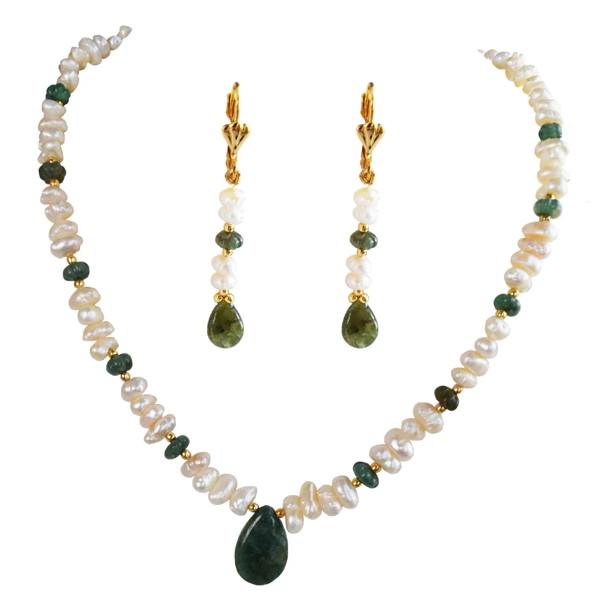 Real Freshwater Pearl & Green Engraved Emerald  Single Line Necklace & Earrings Set for Women (SN1116)