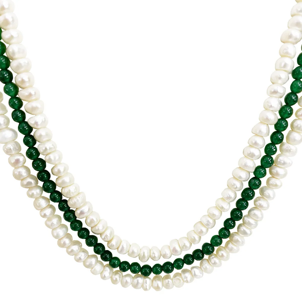 3 Line Real Natural Freshwater Pearl with Green Onyx Beads (SN1117)