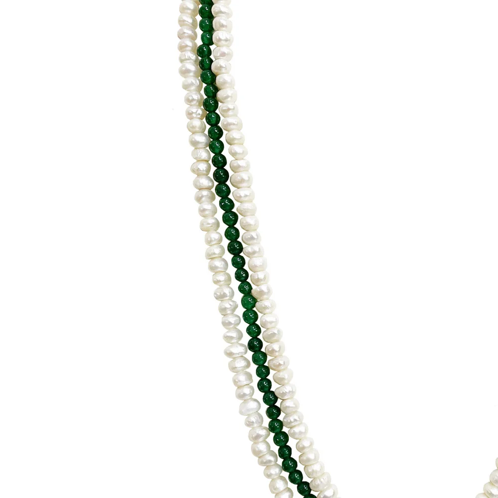3 Line Real Natural Freshwater Pearl with Green Onyx Beads (SN1117)