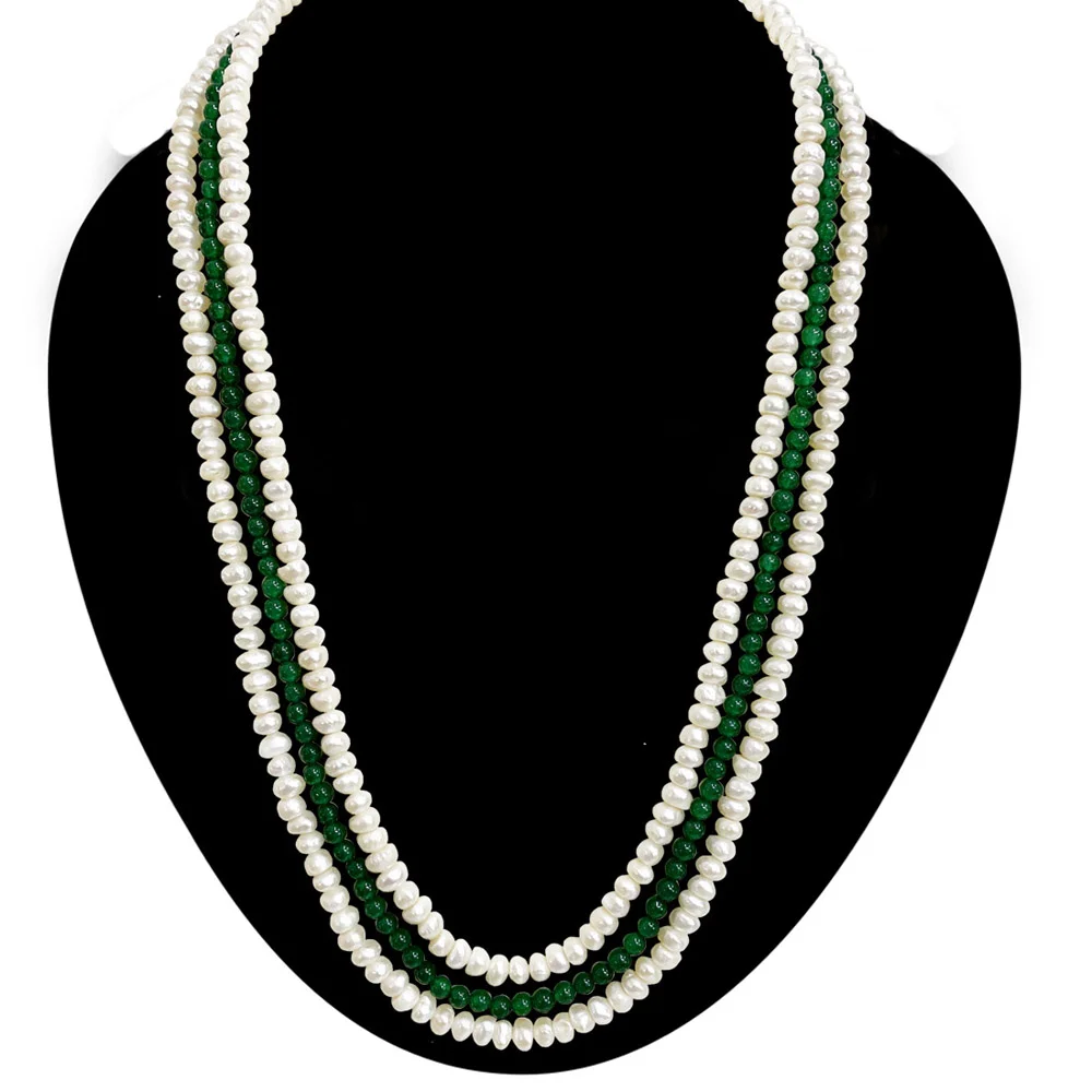 3 Line Real Natural Freshwater Pearl with Green Onyx Beads (SN1117)