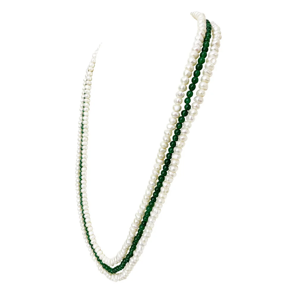 3 Line Real Natural Freshwater Pearl with Green Onyx Beads (SN1117)