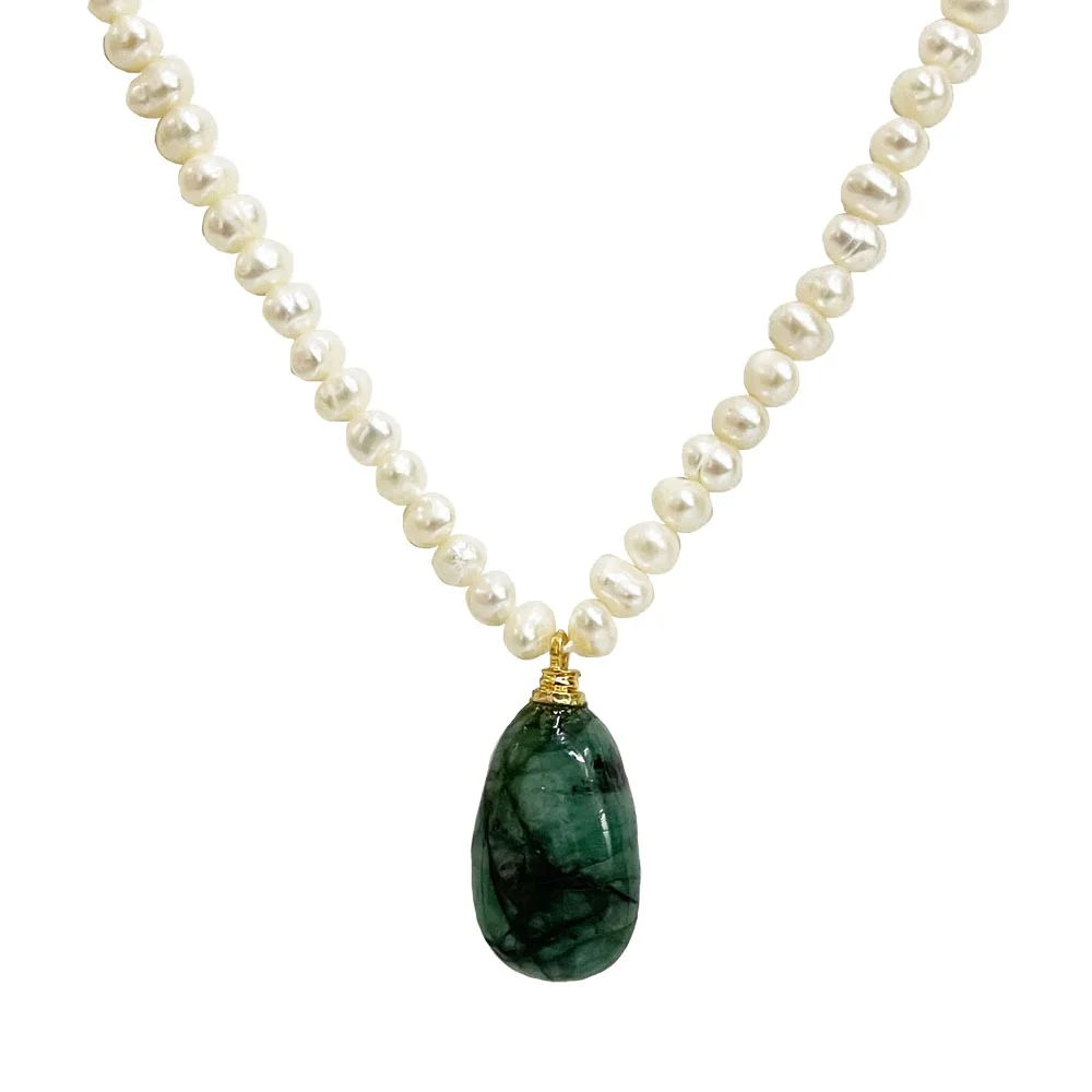 Real Natural Freshwater Pearl & Oval Green Emerald Necklace for Women (SN1121)