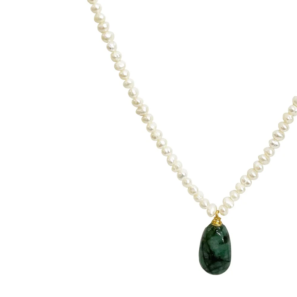Real Natural Freshwater Pearl & Oval Green Emerald Necklace for Women (SN1121)