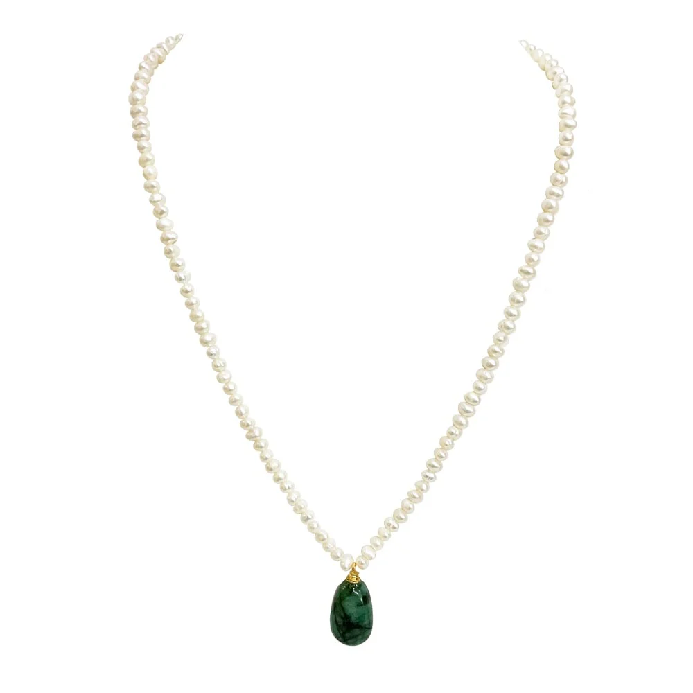 Real Natural Freshwater Pearl & Oval Green Emerald Necklace for Women (SN1121)