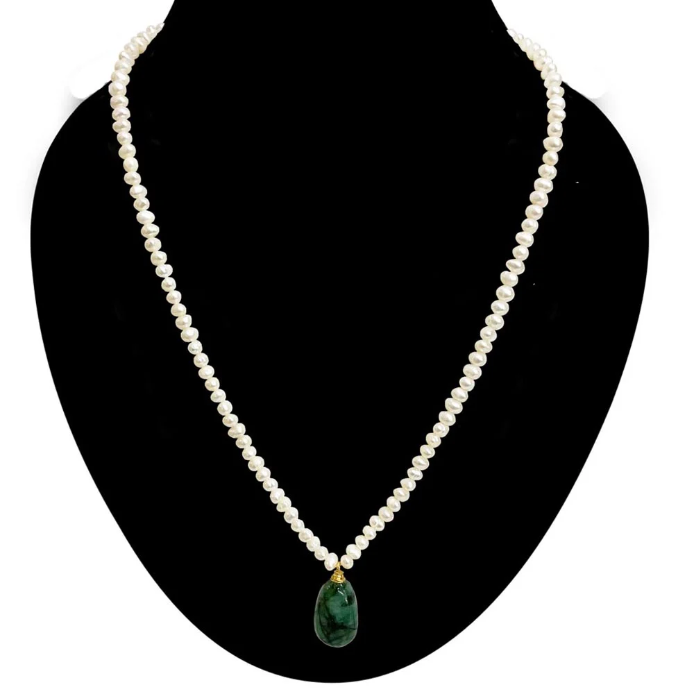 Real Natural Freshwater Pearl & Oval Green Emerald Necklace for Women (SN1121)