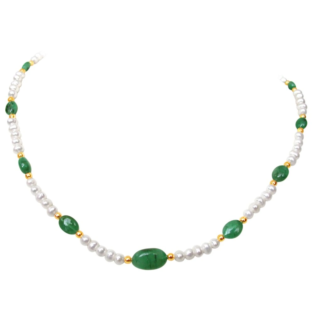 Beauteous - Real Green Oval Emerald & Freshwater Pearl Necklace for Women (SN119)