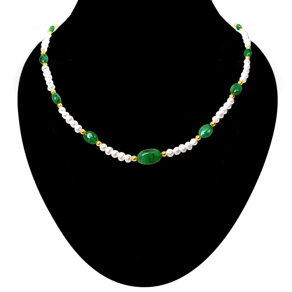 Beauteous - Real Green Oval Emerald & Freshwater Pearl Necklace for Women (SN119)