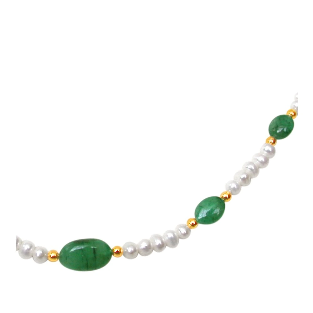 Beauteous - Real Green Oval Emerald & Freshwater Pearl Necklace for Women (SN119)