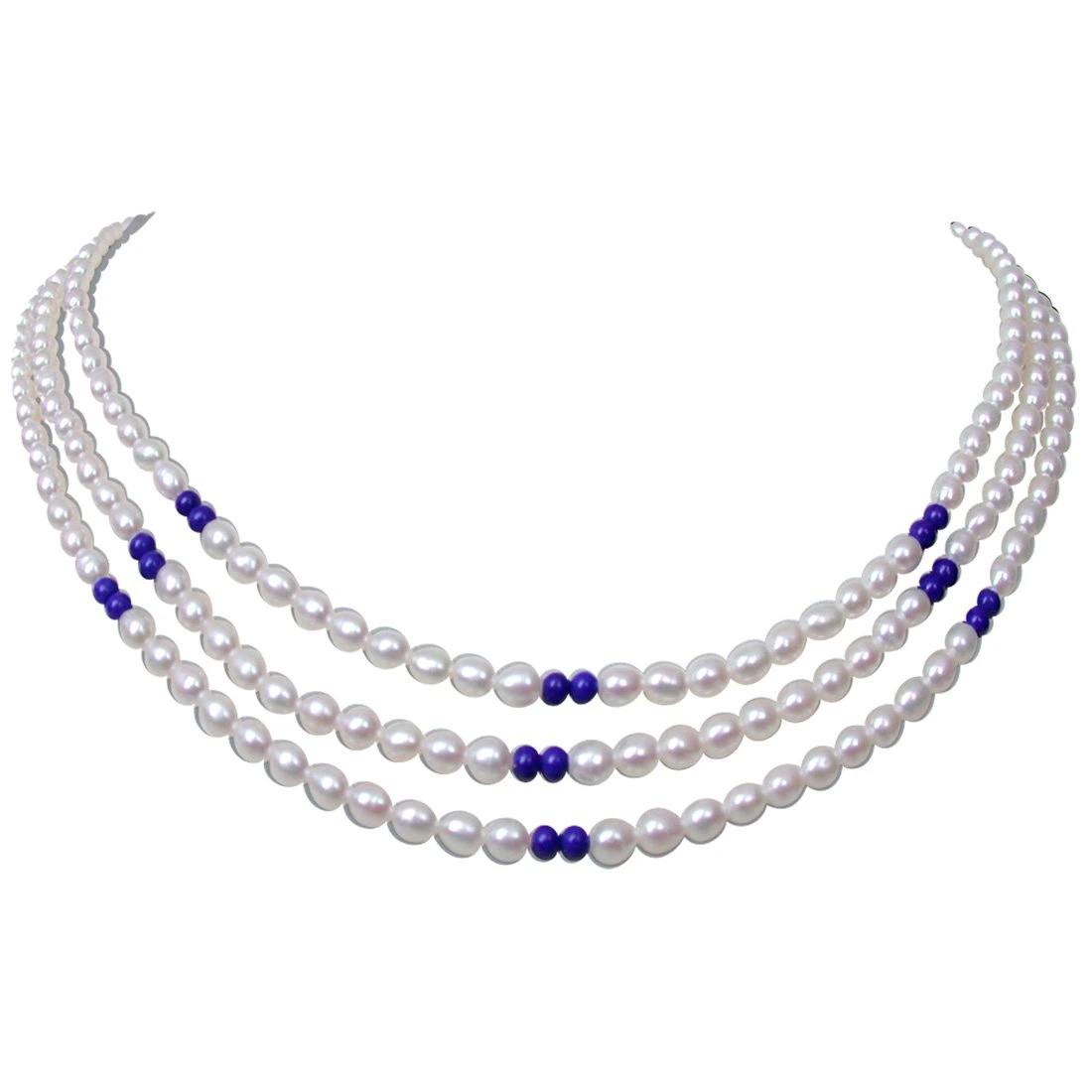 Blue Lapiz Love - 2 Line Real Rice Pearl & Blue Lapiz Beads Necklace for Women (SN121)