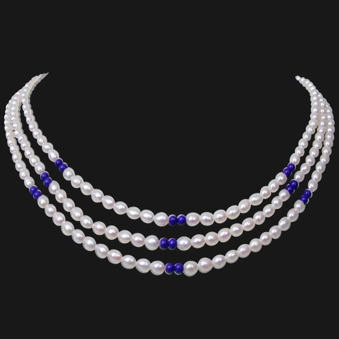 Blue Lapiz Love - 2 Line Real Rice Pearl & Blue Lapiz Beads Necklace for Women (SN121)