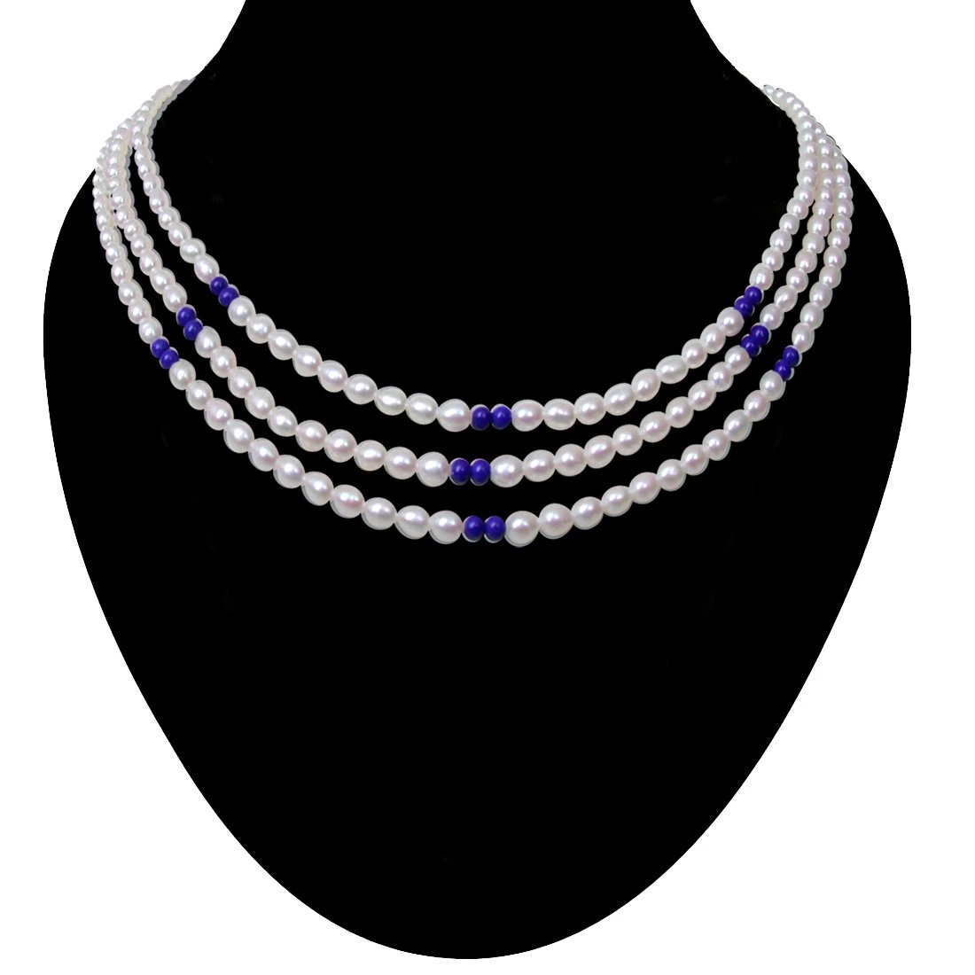 Blue Lapiz Love - 2 Line Real Rice Pearl & Blue Lapiz Beads Necklace for Women (SN121)