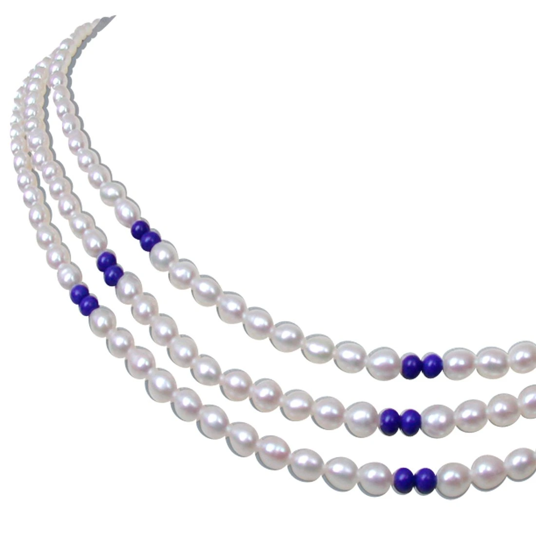 Blue Lapiz Love - 2 Line Real Rice Pearl & Blue Lapiz Beads Necklace for Women (SN121)