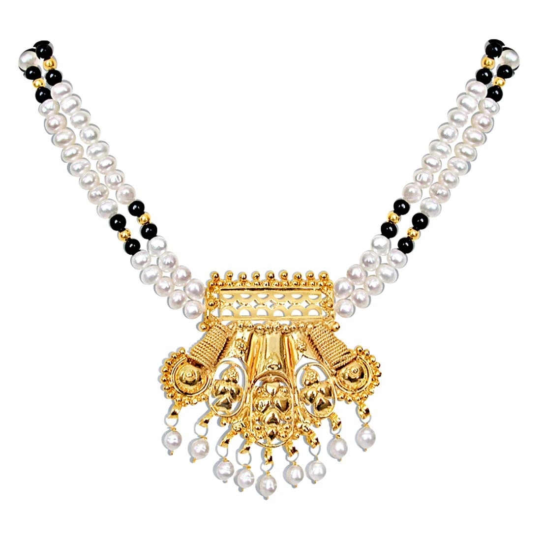 Traditional Delight - Gold Plated Pendant, Real Freshwater Pearl & Black Onyx beads Necklace for Women (SN126)