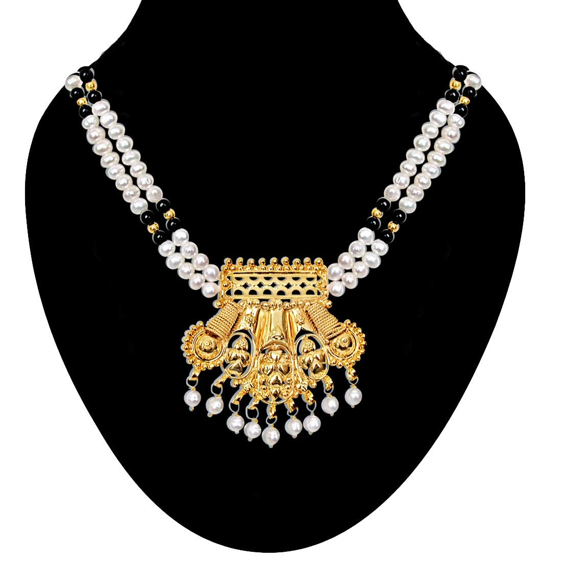 Traditional Delight - Gold Plated Pendant, Real Freshwater Pearl & Black Onyx beads Necklace for Women (SN126)