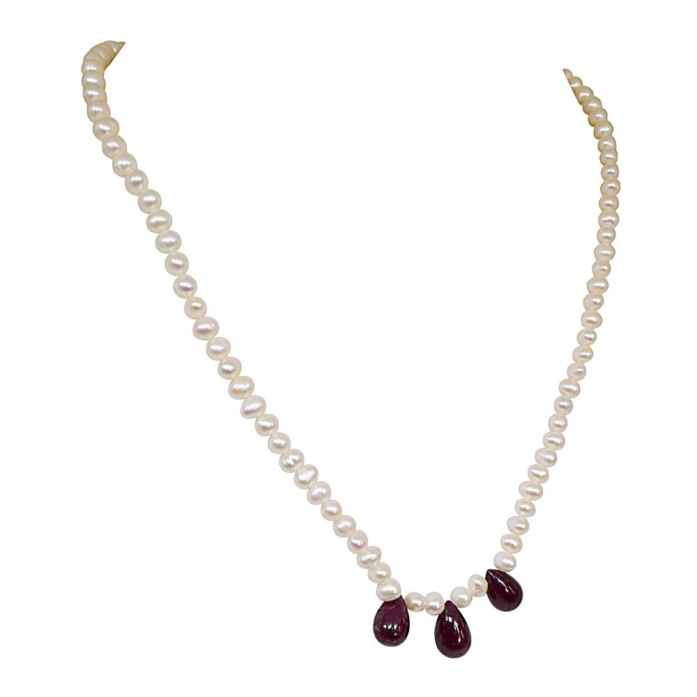 Mesmerizing Ruby - 3 Real Drop Ruby & Freshwater Pearl Necklace for Women (SN128)