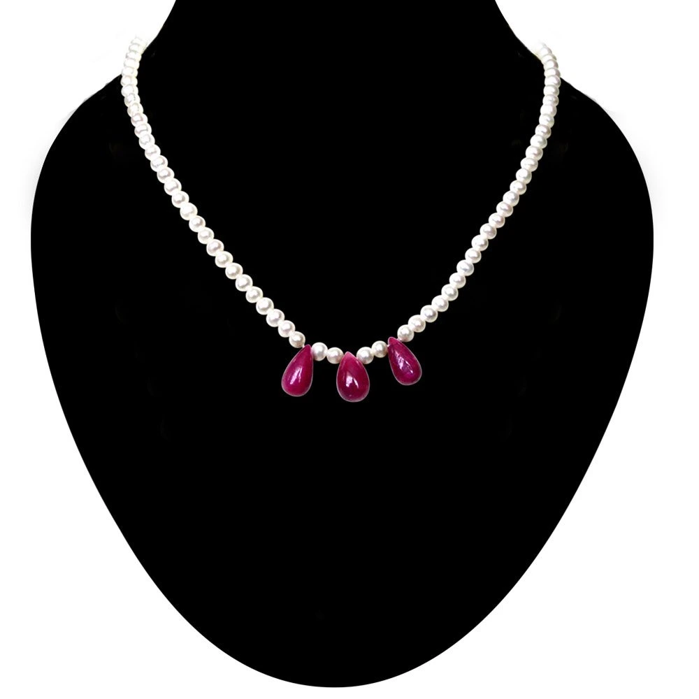 Mesmerizing Ruby - 3 Real Drop Ruby & Freshwater Pearl Necklace for Women (SN128)