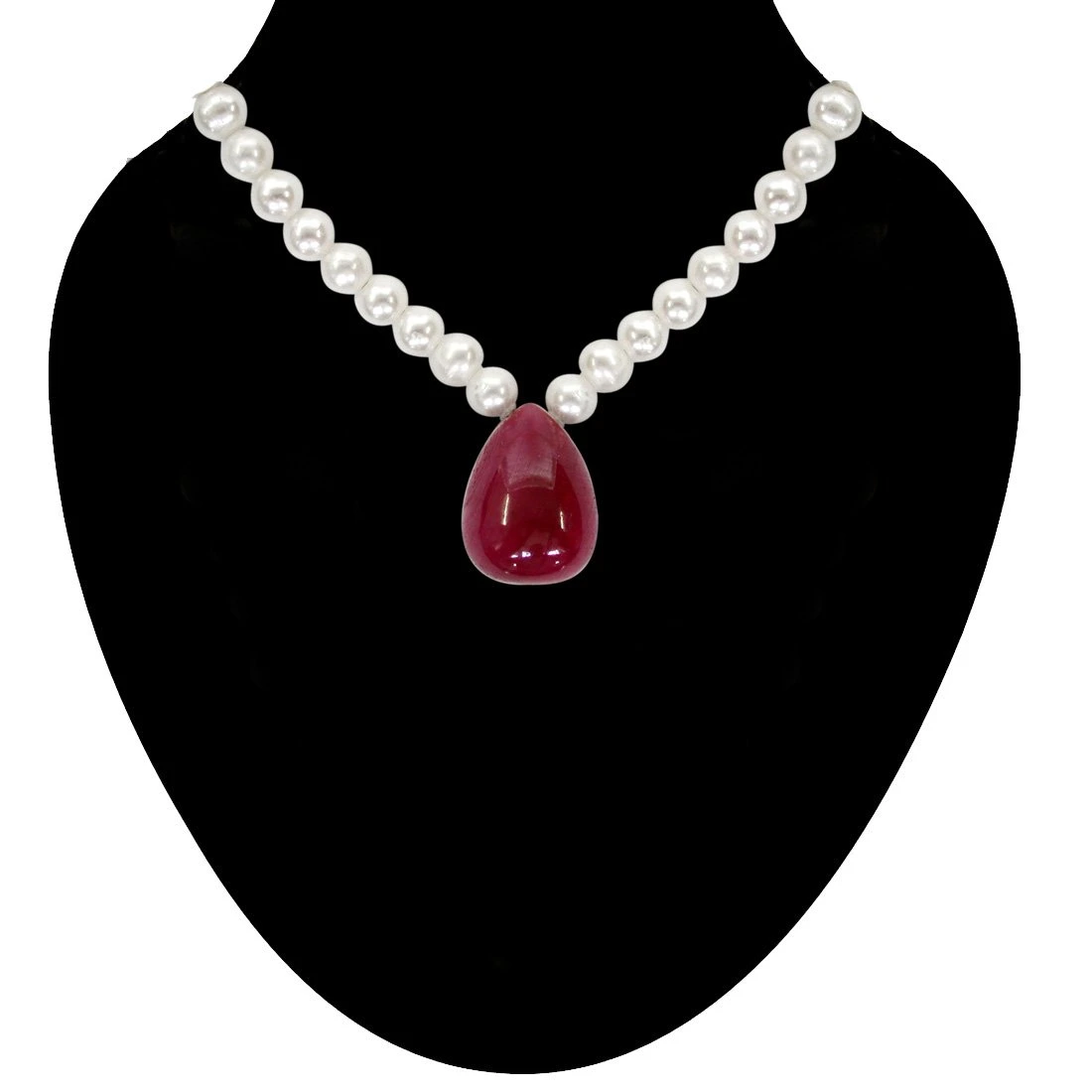 Lovely Ruby  - Single Drop Ruby & Freshwater Pearl Necklace for Women (SN129)