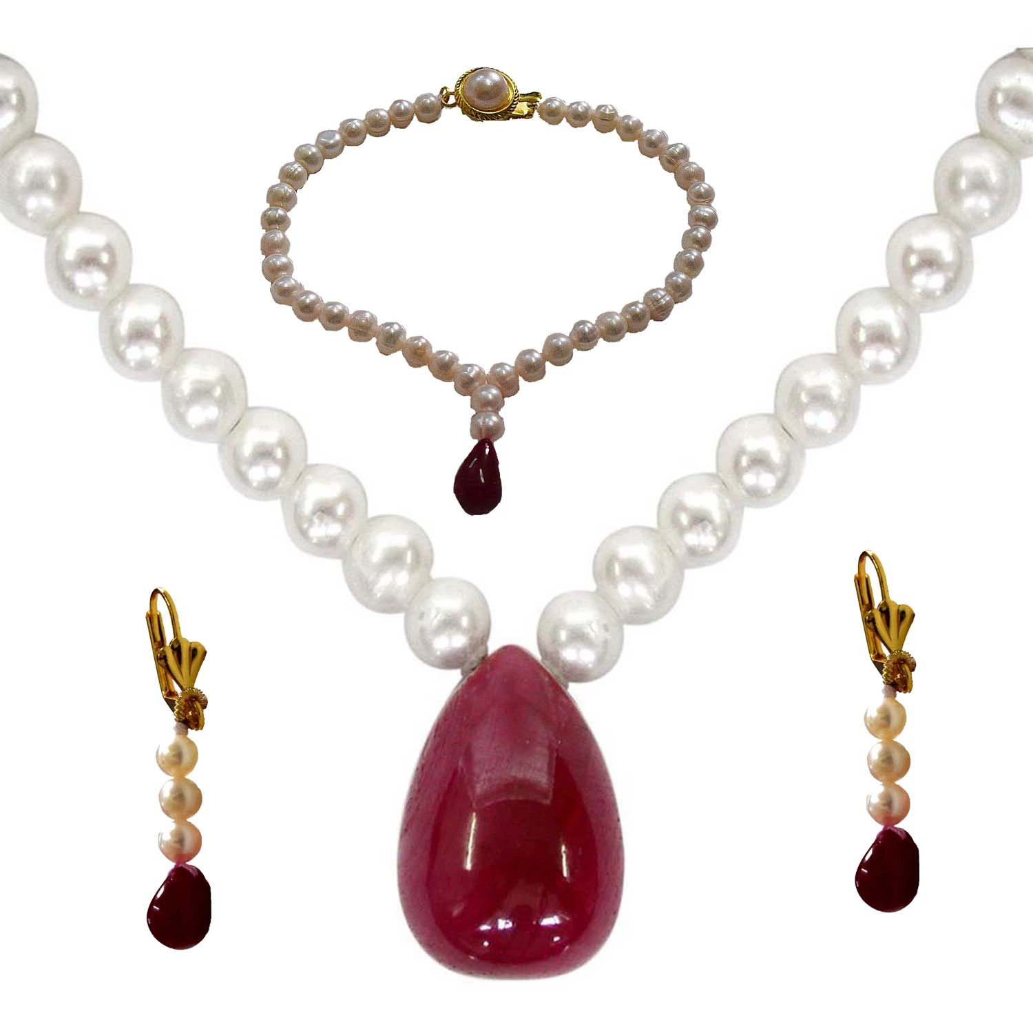 Single Line Real Pearl and Drop Ruby Necklace, Earrings, Bracelet Set (SN129+SE389+SB61)