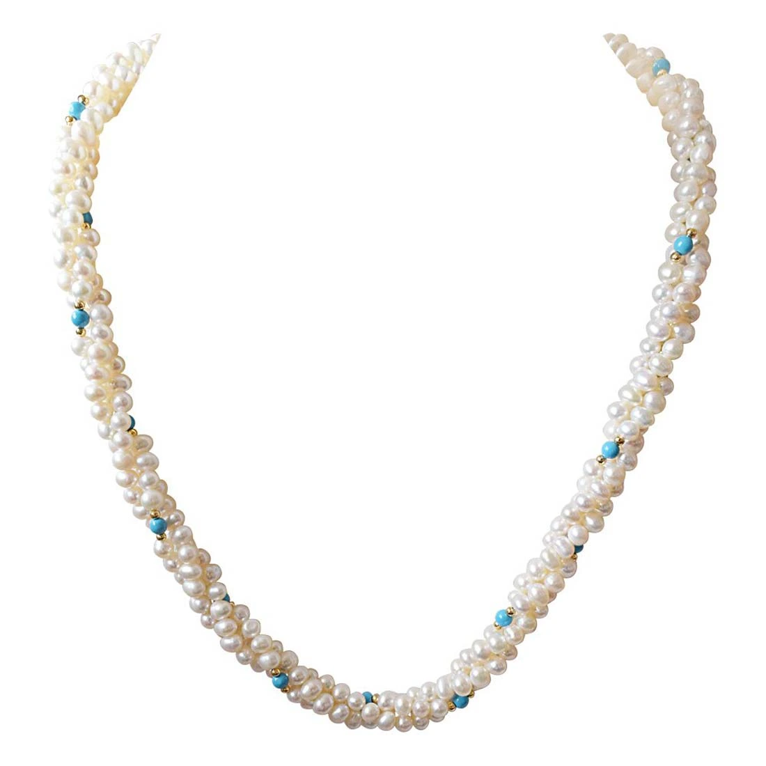 Classic - 3 Line Twisted Real Pearl, Blue Turquoise & Gold Plated Beads Necklace for Women (SN13)