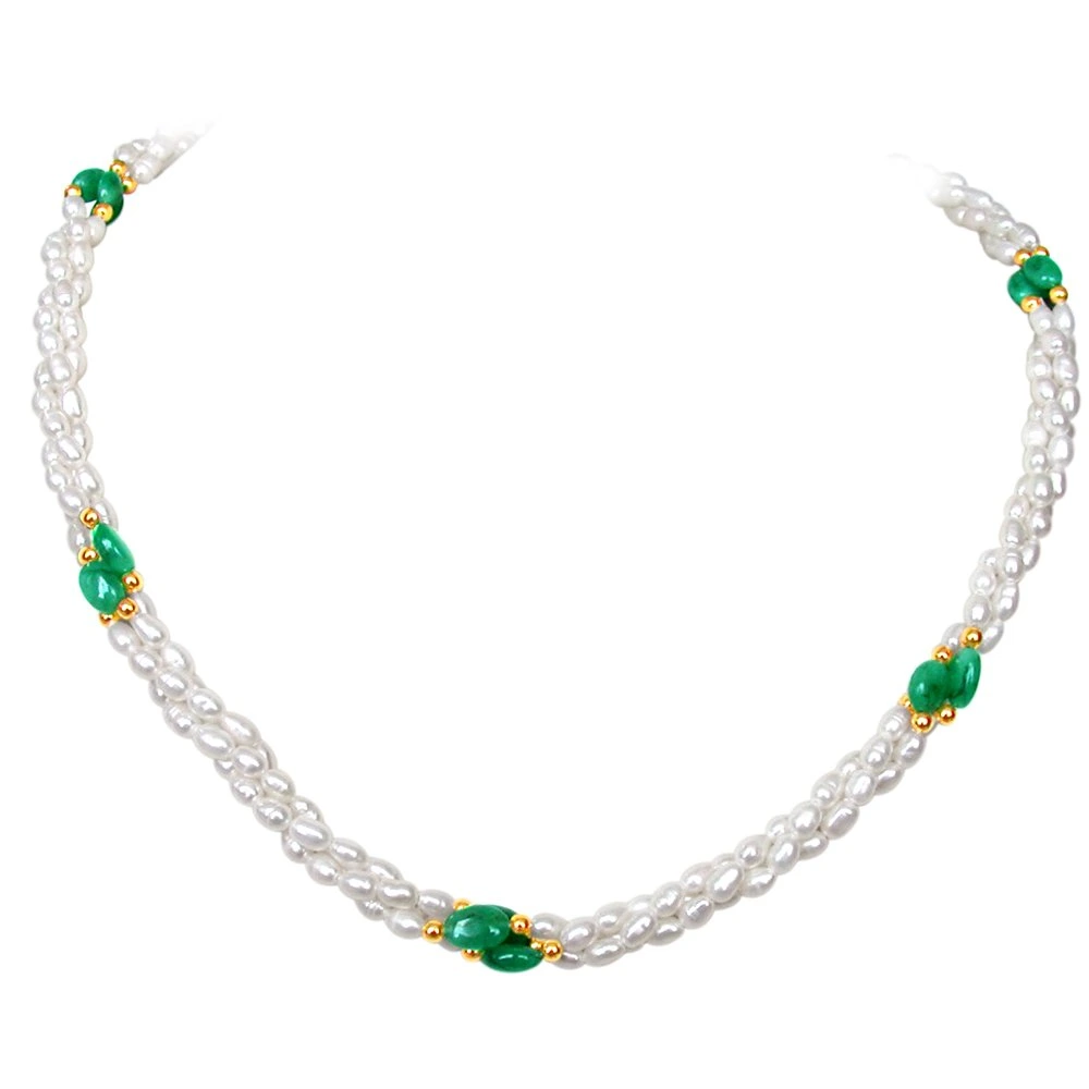 Finery Jewel - Twisted 3 Line Real Oval Green Emerald & Rice Pearl Necklace for Women (SN130)