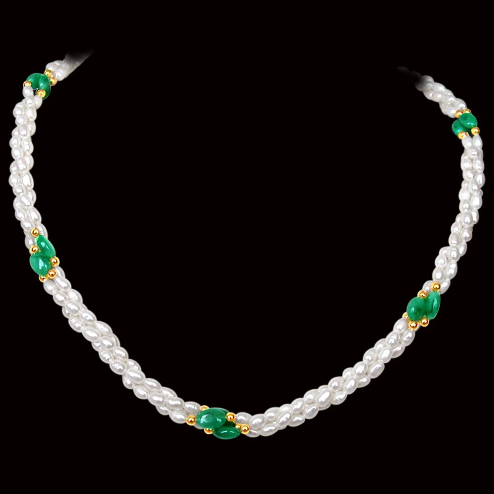 Finery Jewel - Twisted 3 Line Real Oval Green Emerald & Rice Pearl Necklace for Women (SN130)