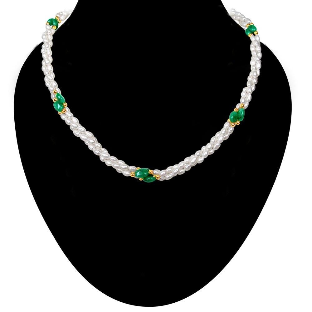 Finery Jewel - Twisted 3 Line Real Oval Green Emerald & Rice Pearl Necklace for Women (SN130)