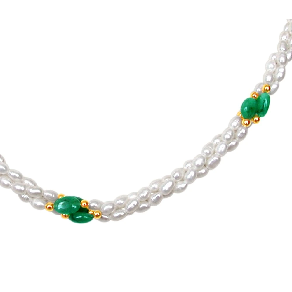 Finery Jewel - Twisted 3 Line Real Oval Green Emerald & Rice Pearl Necklace for Women (SN130)