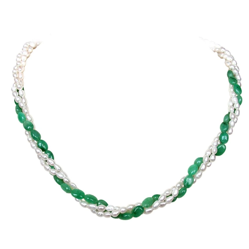 Classic Creation - 3 Line Twisted Real Oval Green Emerald & Rice Pearl Necklace for Women (SN131)