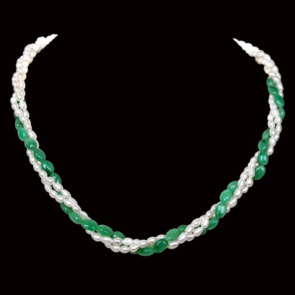 Classic Creation - 3 Line Twisted Real Oval Green Emerald & Rice Pearl Necklace for Women (SN131)