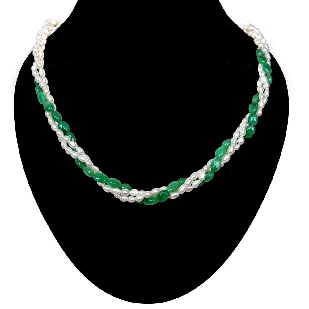 Classic Creation - 3 Line Twisted Real Oval Green Emerald & Rice Pearl Necklace for Women (SN131)