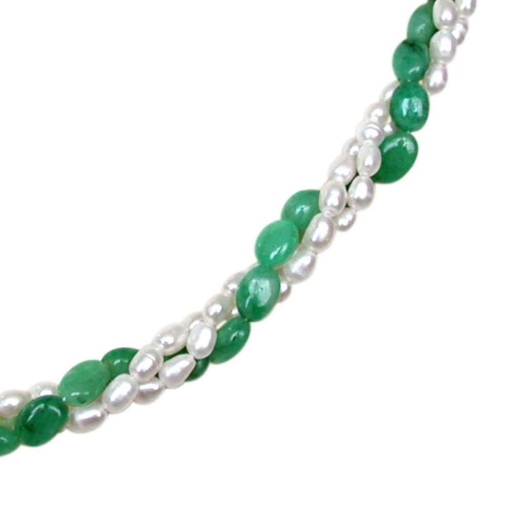Classic Creation - 3 Line Twisted Real Oval Green Emerald & Rice Pearl Necklace for Women (SN131)