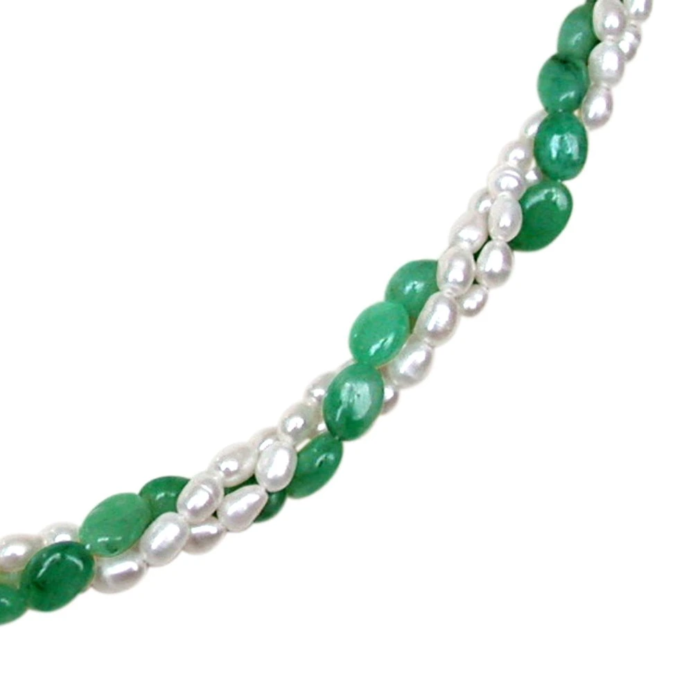 Classic Creation - 3 Line Twisted Real Oval Green Emerald & Rice Pearl Necklace for Women (SN131)
