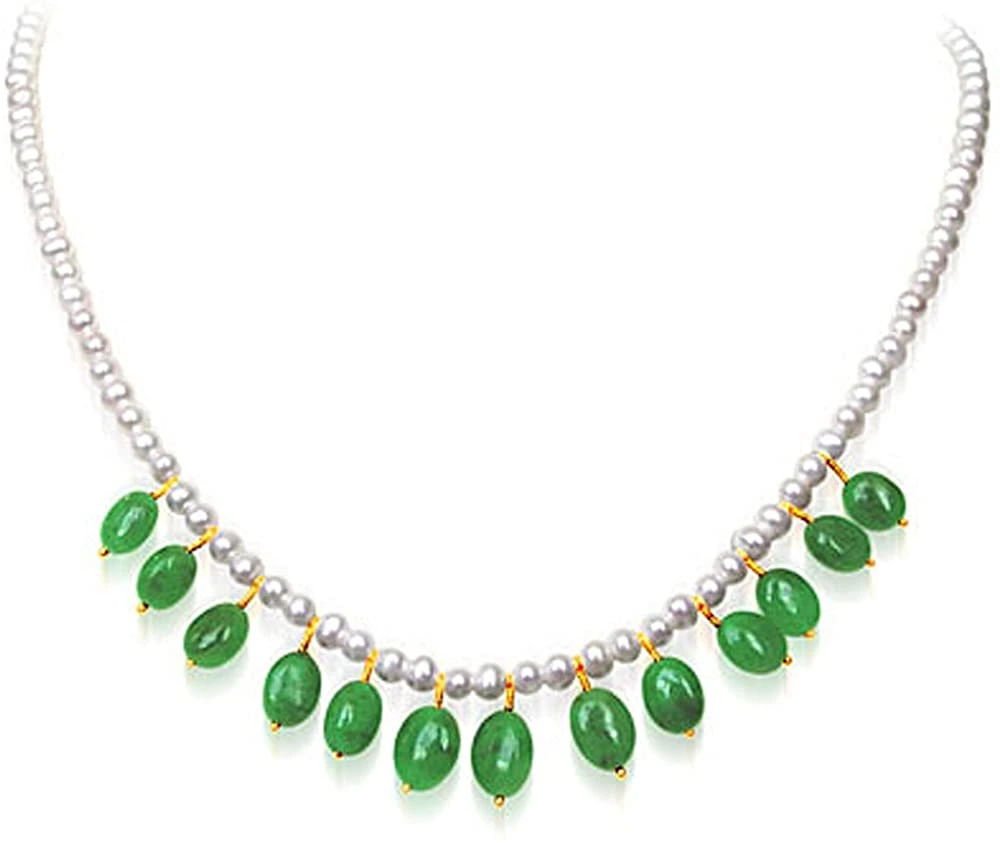 Vivacious Splendor - Single Line Real Oval Emerald & Freshwater Pearl Necklace for Women (SN138)