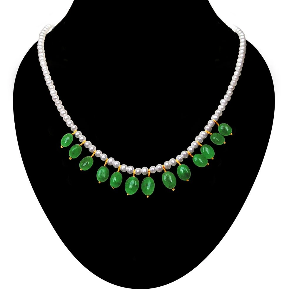 Vivacious Splendor - Single Line Real Oval Emerald & Freshwater Pearl Necklace for Women (SN138)