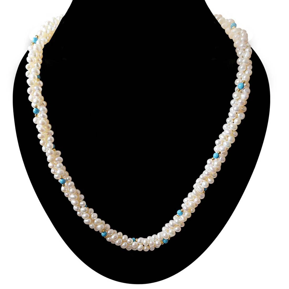 Classic - 3 Line Twisted Real Pearl, Blue Turquoise & Gold Plated Beads Necklace for Women (SN13)