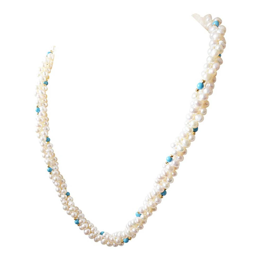 Classic - 3 Line Twisted Real Pearl, Blue Turquoise & Gold Plated Beads Necklace for Women (SN13)