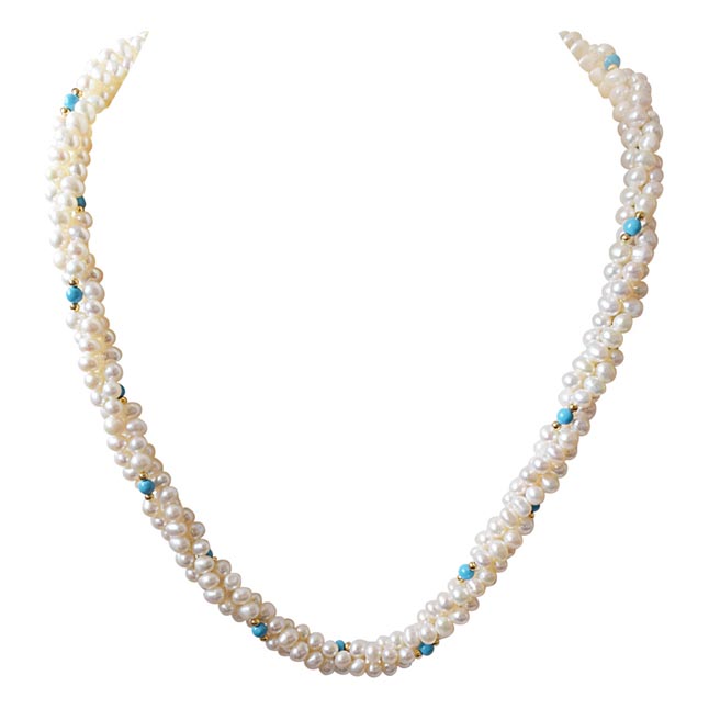 Classic - 3 Line Twisted Real Pearl, Blue Turquoise & Gold Plated Beads Necklace for Women (SN13)