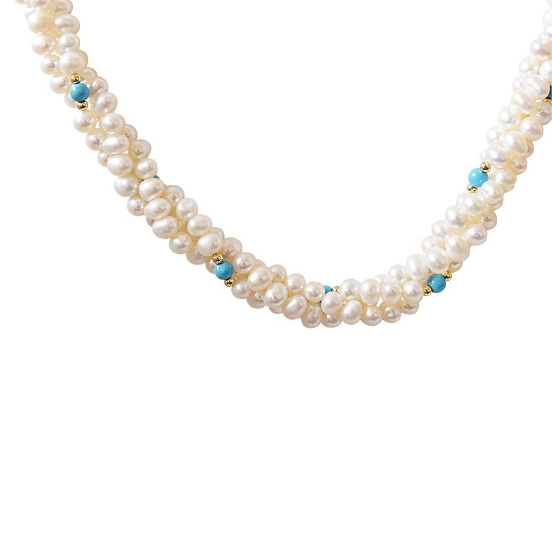 Classic - 3 Line Twisted Real Pearl, Blue Turquoise & Gold Plated Beads Necklace for Women (SN13)