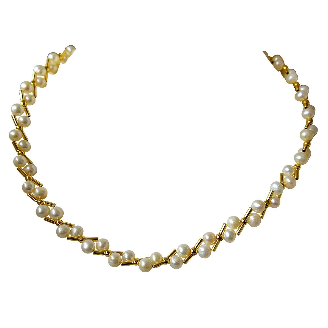 Pearl Elite Elegance - Real Freshwater Pearl & Gold Plated Pipe Necklace for Women (SN144)