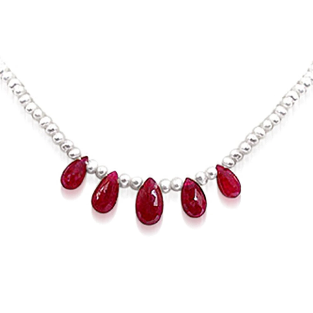 Rich Pearl Radiance - 3 Faceted Drop Ruby & Freshwater Pearl Necklace for Women (SN152)