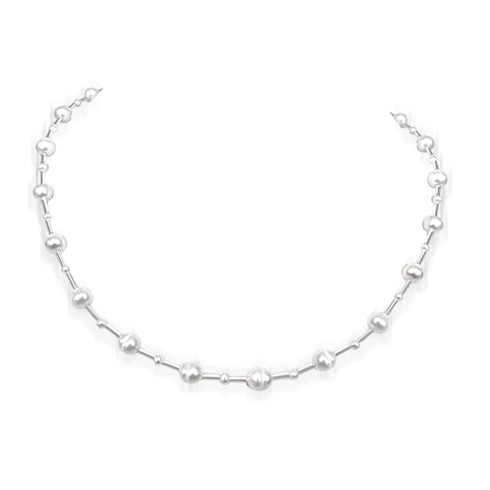 Opalescence Invisible Strings - Big & Small Freshwater Pearl & Silver Plated Pipe Necklace for Women (SN161)