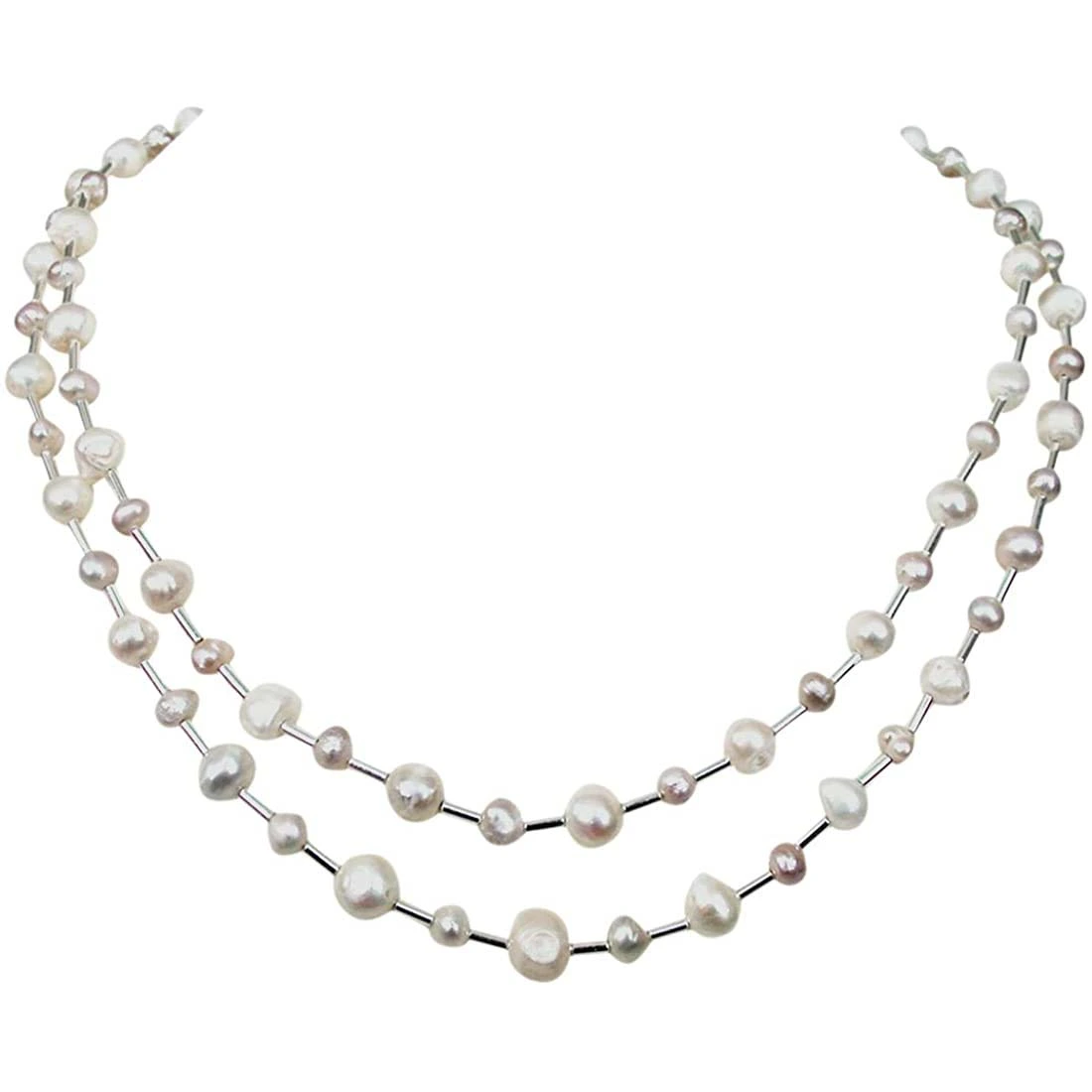 Resplendence - Two Line Real Freshwater Pearl & Silver Plated Pipe Necklace for Women (SN162)