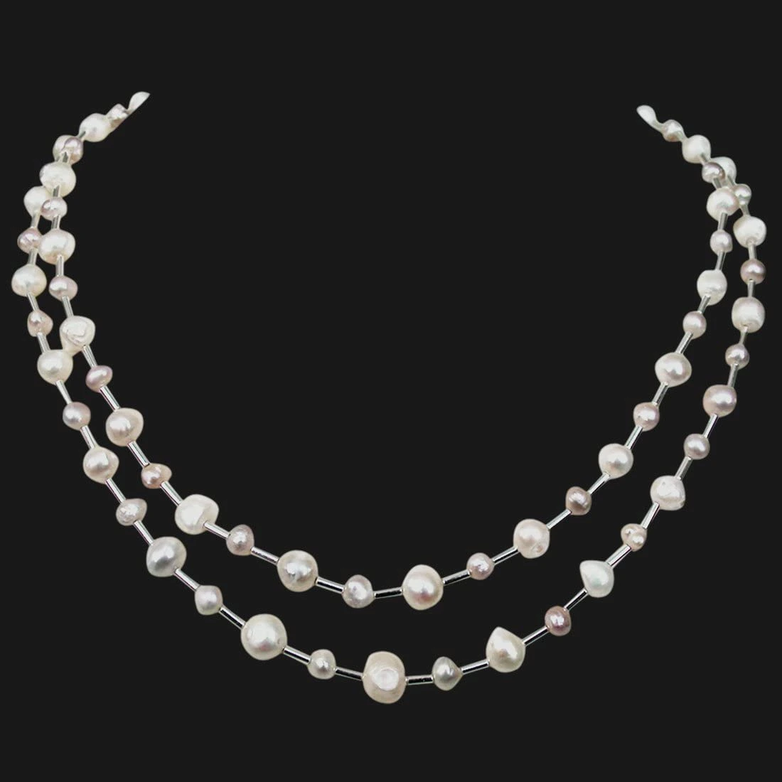 Resplendence - Two Line Real Freshwater Pearl & Silver Plated Pipe Necklace for Women (SN162)