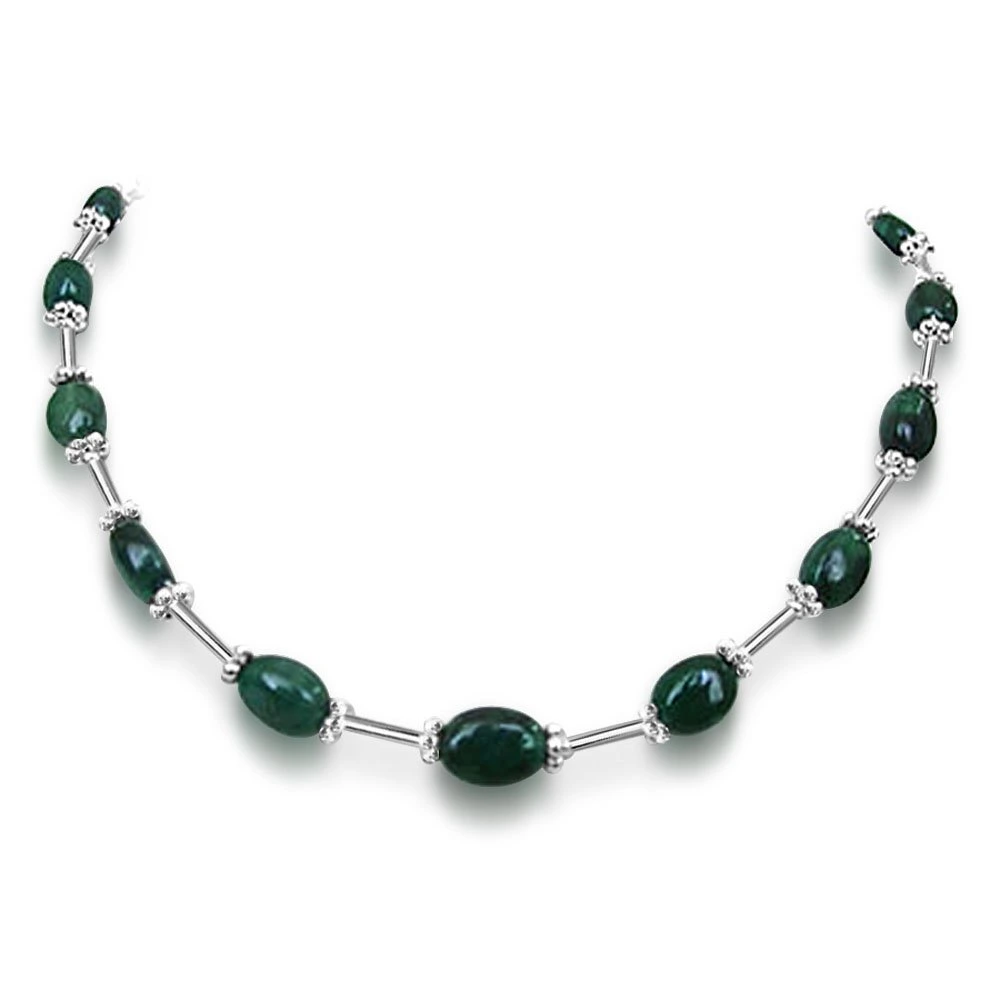 Burnished Beauty - Real Oval Emerald & Silver Plated Pipe Necklace for Women (SN172)