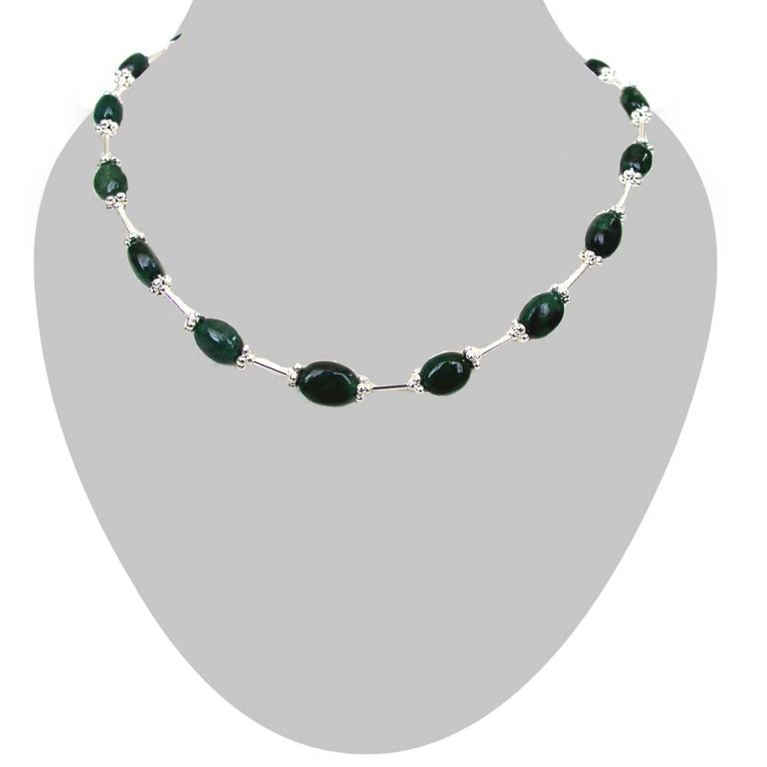 Burnished Beauty - Real Oval Emerald & Silver Plated Pipe Necklace for Women (SN172)