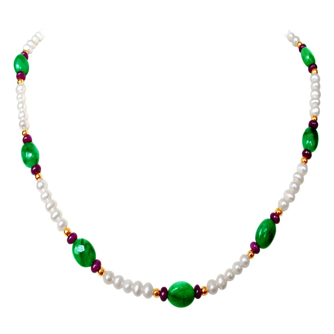 Green Sheen - Single Line Real Oval Emerald, Ruby Beads & Freshwater Pearl Necklace for Women (SN175)